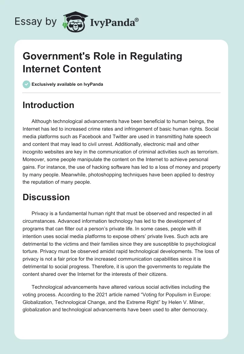 Government's Role in Regulating Internet Content. Page 1