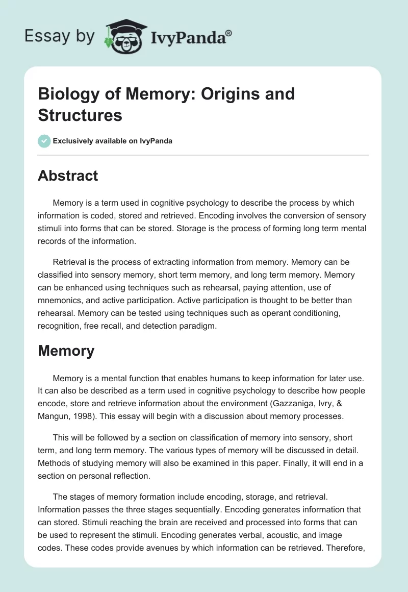 Biology of Memory: Origins and Structures. Page 1