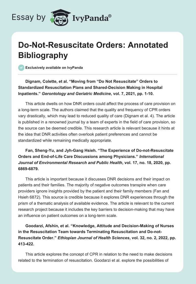 Do-Not-Resuscitate Orders: Annotated Bibliography. Page 1