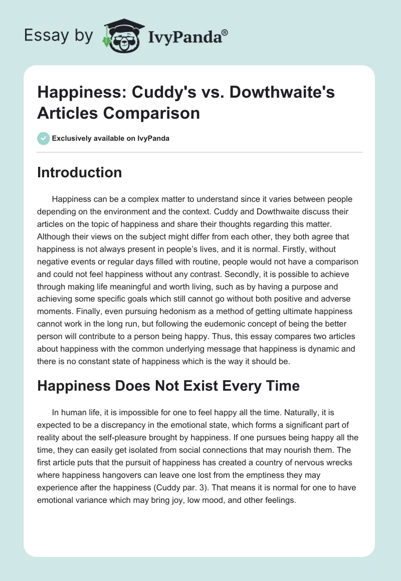 Happiness: Cuddy's vs. Dowthwaite's Articles Comparison. Page 1