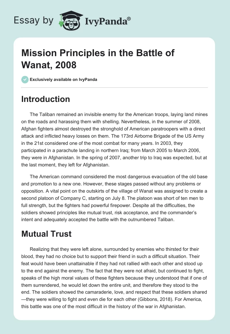 Mission Principles in the Battle of Wanat, 2008. Page 1
