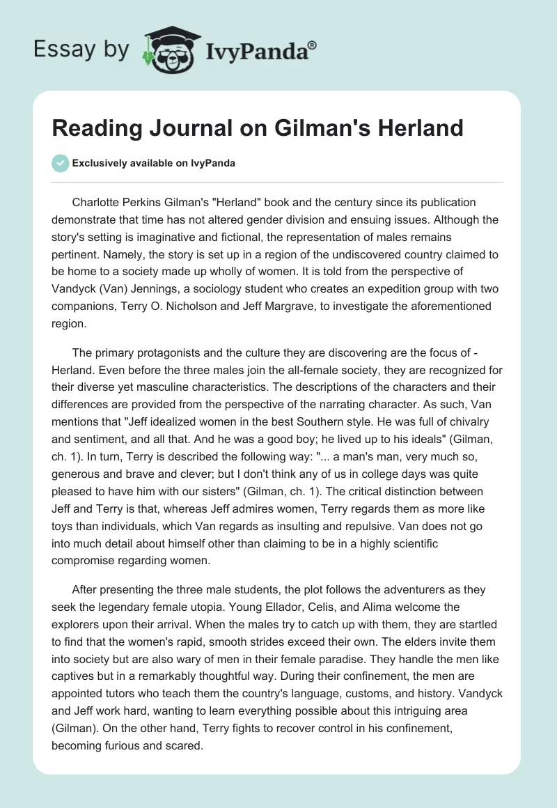 Reading Journal on Gilman's "Herland". Page 1