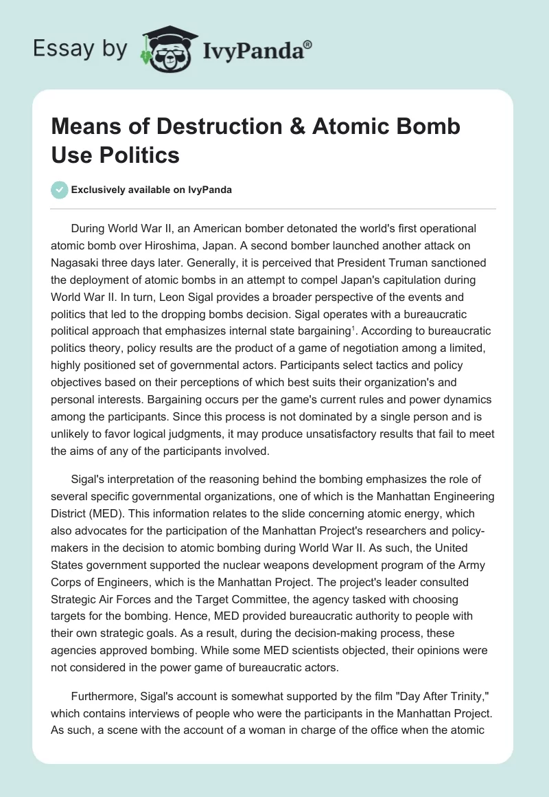 Means of Destruction & Atomic Bomb Use Politics. Page 1