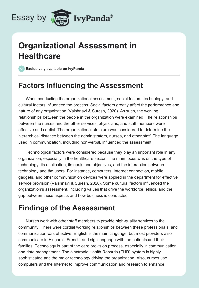 Organizational Assessment in Healthcare. Page 1