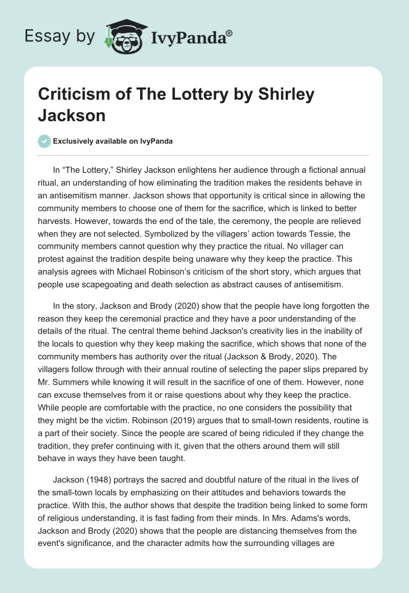 Criticism of "The Lottery" by Shirley Jackson. Page 1