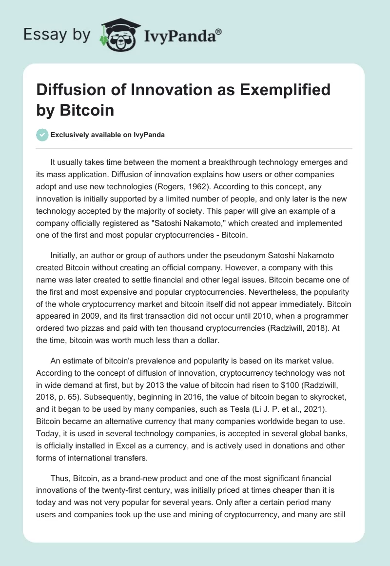 Diffusion of Innovation as Exemplified by Bitcoin. Page 1