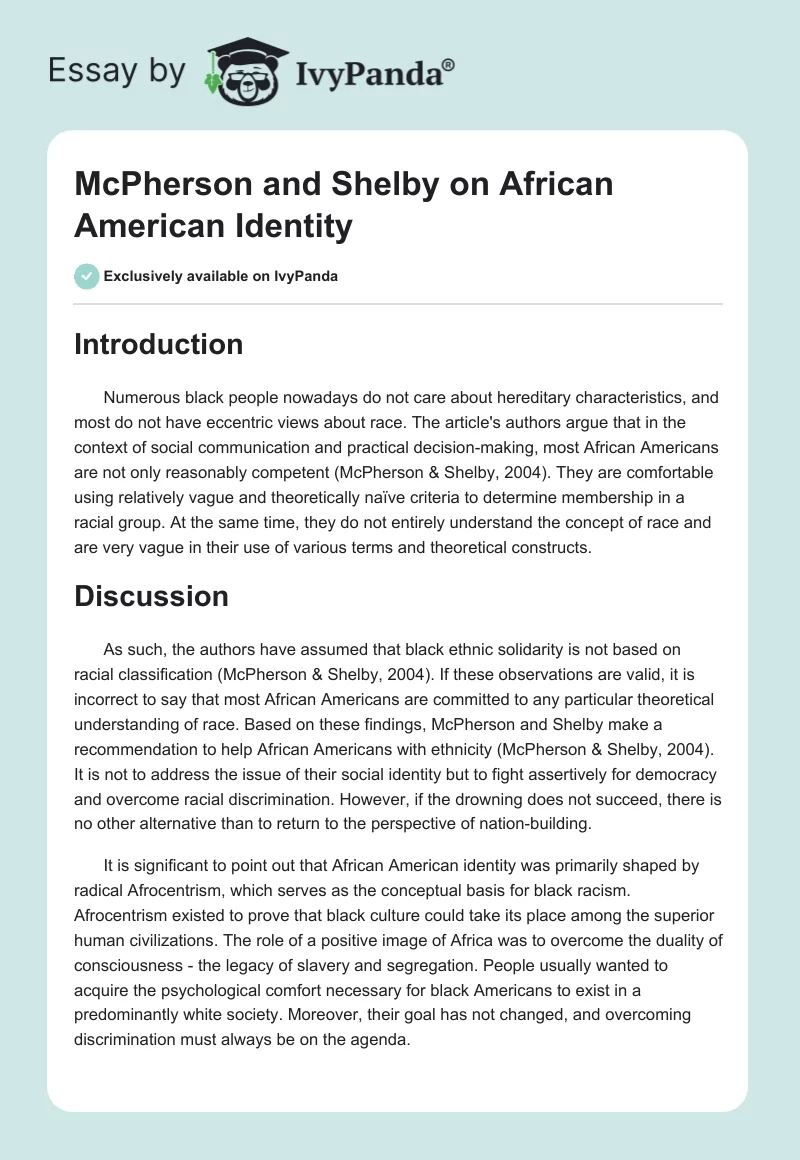 McPherson and Shelby on African American Identity. Page 1
