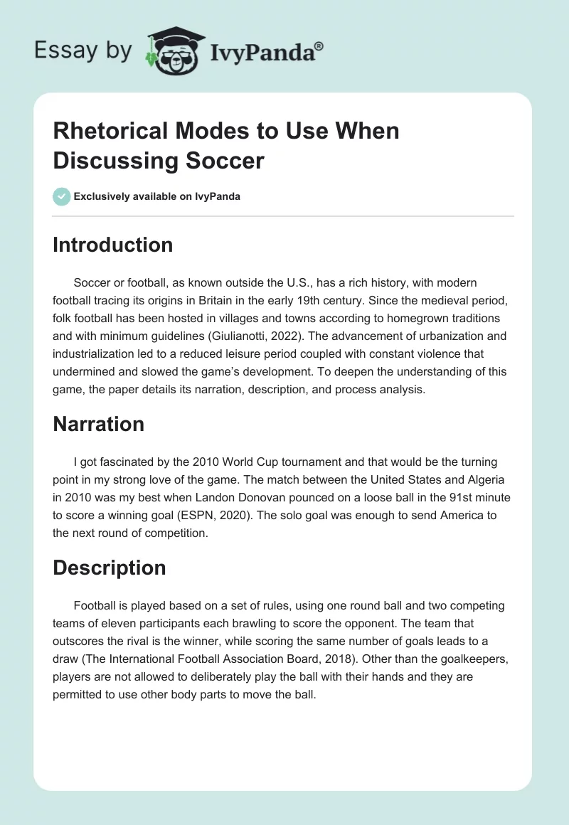 Rhetorical Modes to Use When Discussing Soccer. Page 1