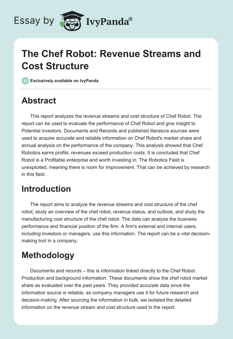 The Chef Robot: Revenue Streams and Cost Structure. Page 1