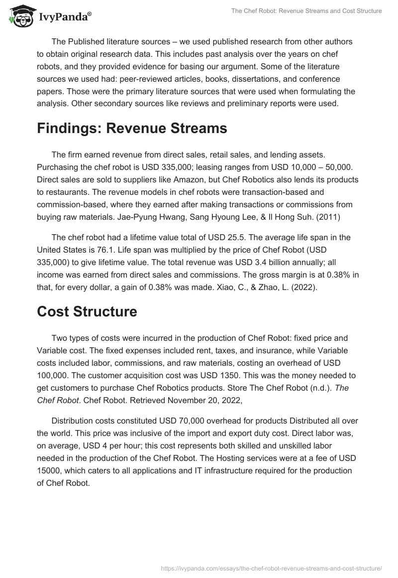 The Chef Robot: Revenue Streams and Cost Structure. Page 2