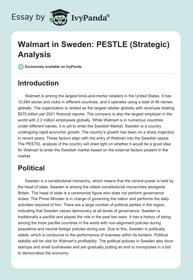 Walmart in Sweden: PESTLE (Strategic) Analysis. Page 1