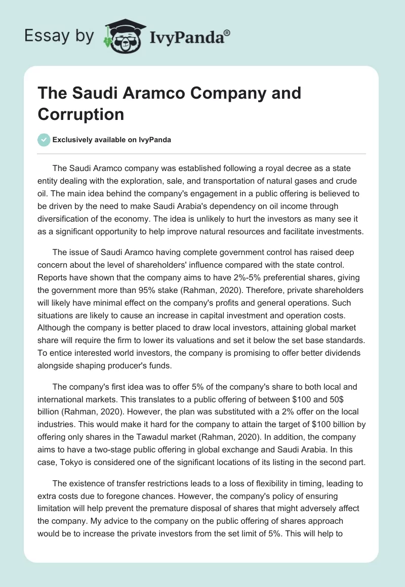 The Saudi Aramco Company and Corruption. Page 1