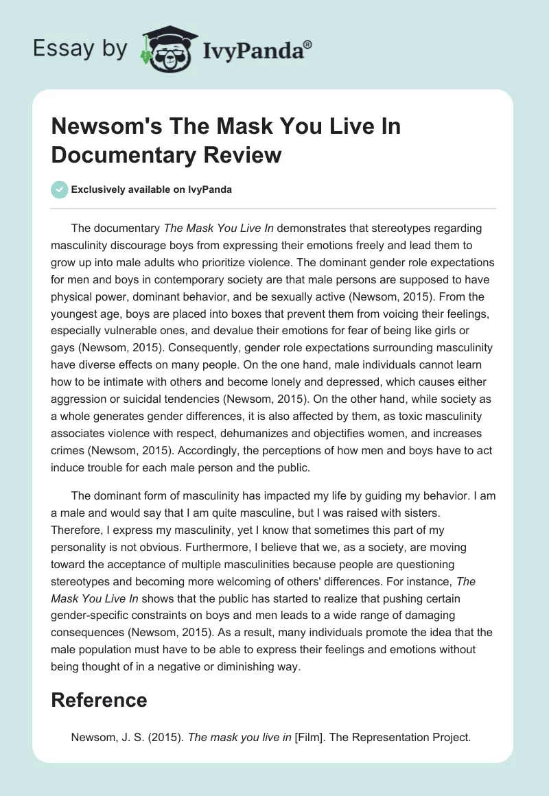 Newsom's The Mask You Live In Documentary Review. Page 1