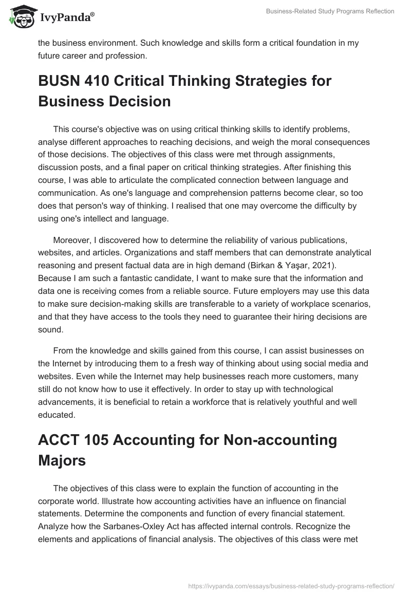 Business-Related Study Programs Reflection. Page 2