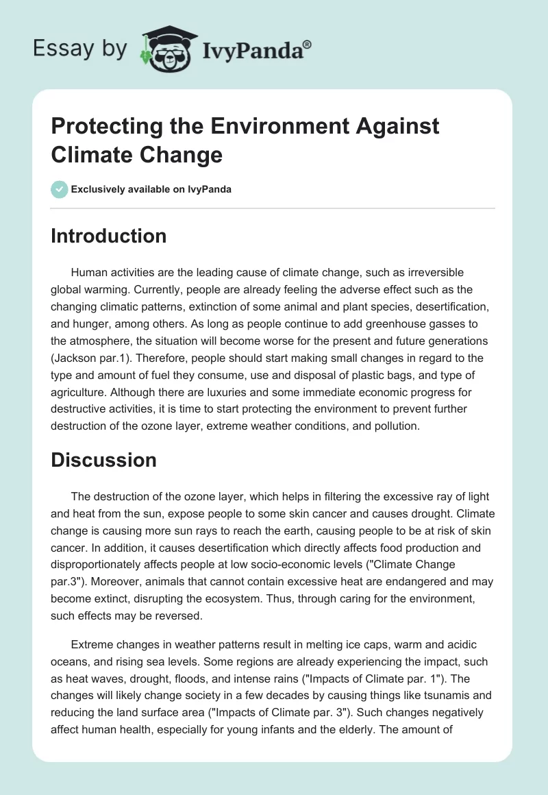 Protecting the Environment Against Climate Change. Page 1