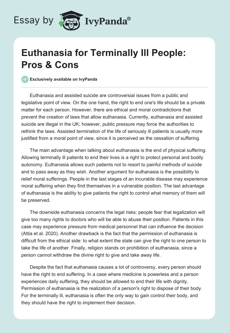 Euthanasia for Terminally Ill People: Pros & Cons. Page 1