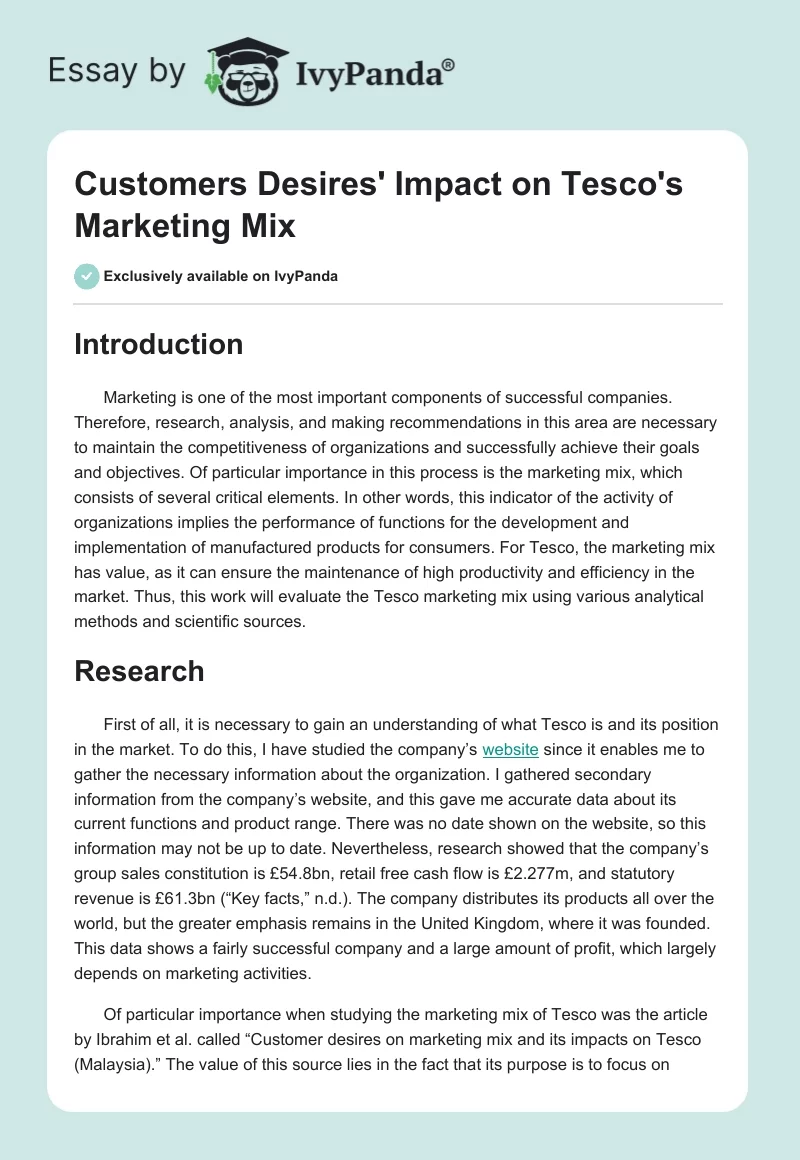 Customers Desires' Impact on Tesco's Marketing Mix. Page 1