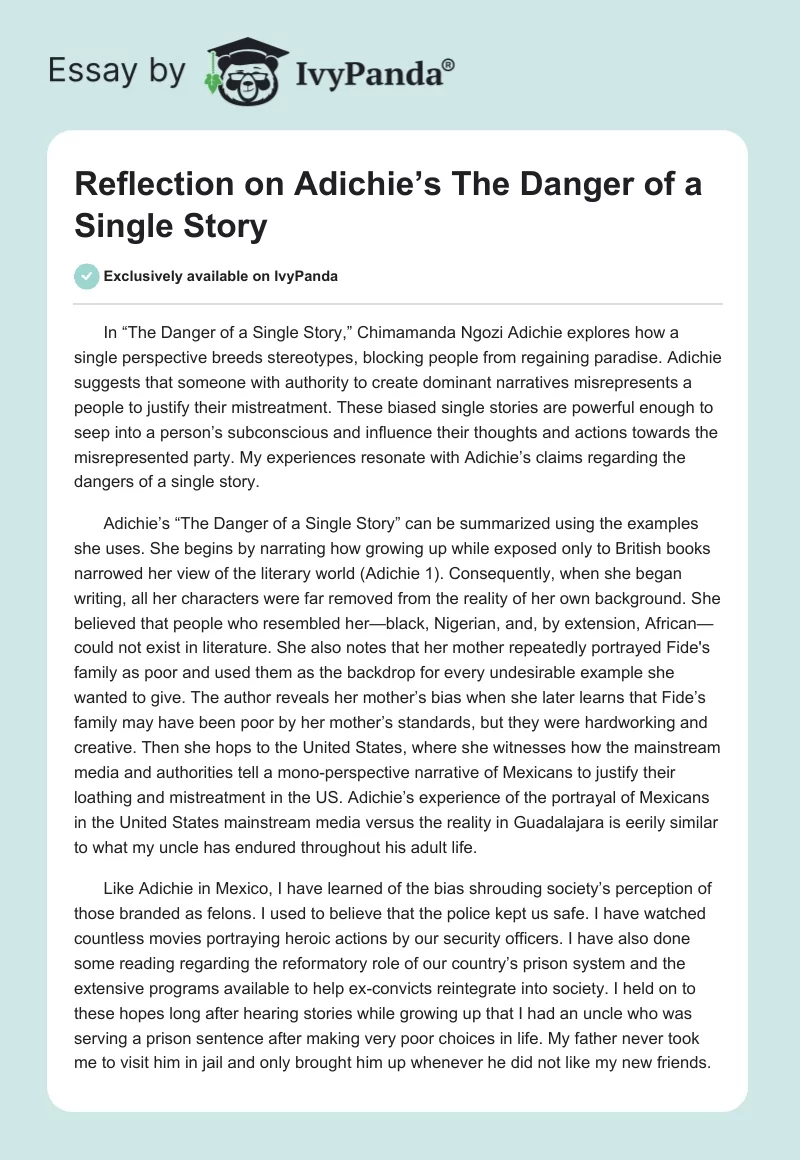 Reflection on Adichie’s The Danger of a Single Story. Page 1