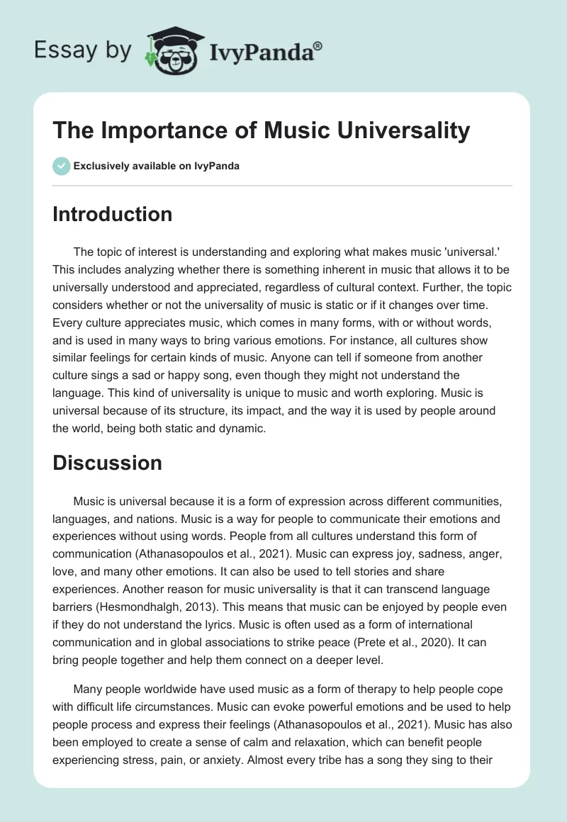 The Importance of Music Universality - 1468 Words | Essay Example