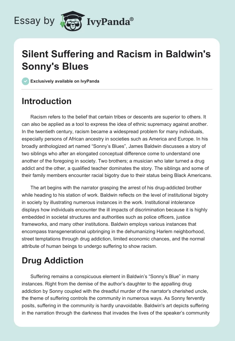 Silent Suffering and Racism in Baldwin's "Sonny's Blues". Page 1