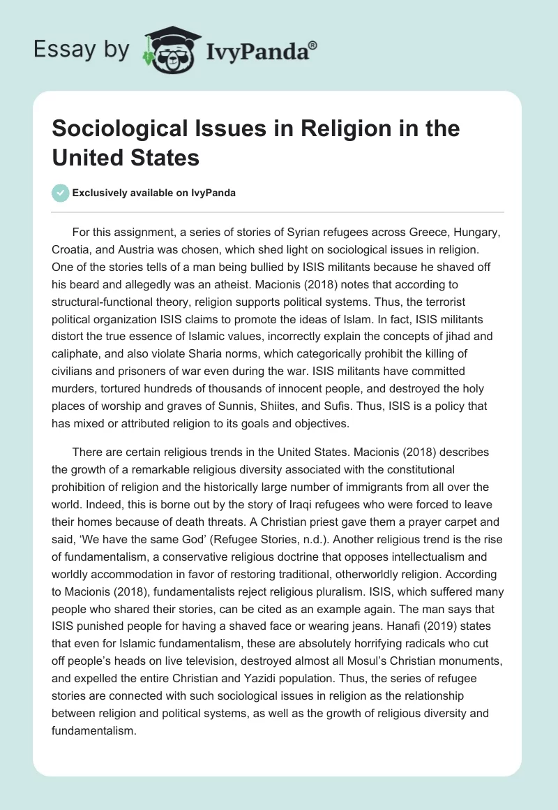 Sociological Issues in Religion in the United States. Page 1