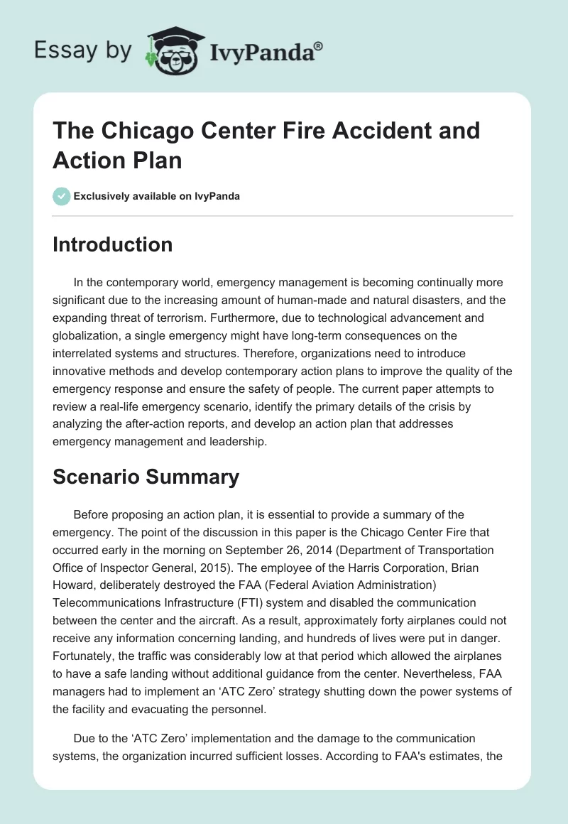 The Chicago Center Fire Accident and Action Plan. Page 1