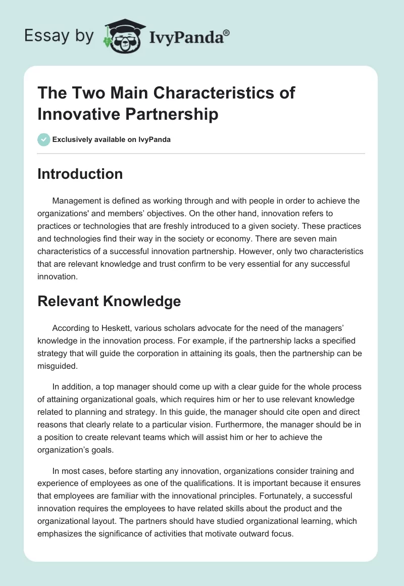 The Two Main Characteristics of Innovative Partnership. Page 1