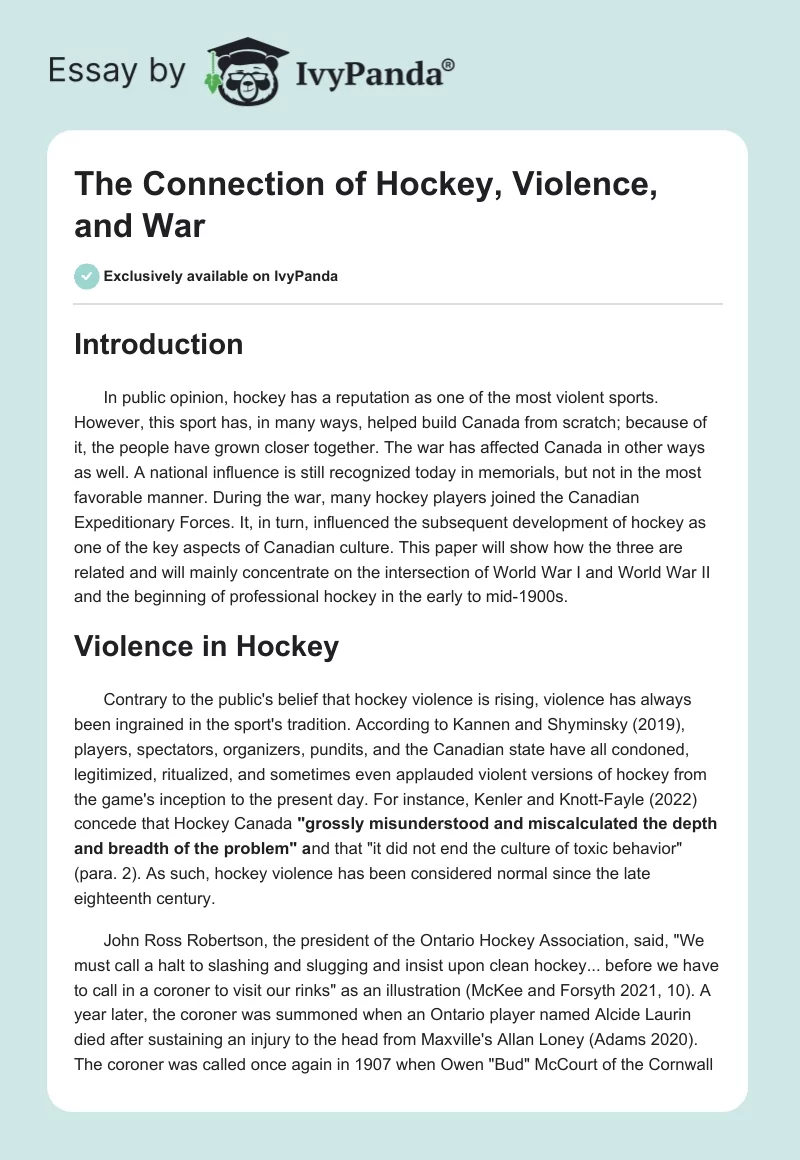 The Connection of Hockey, Violence, and War. Page 1