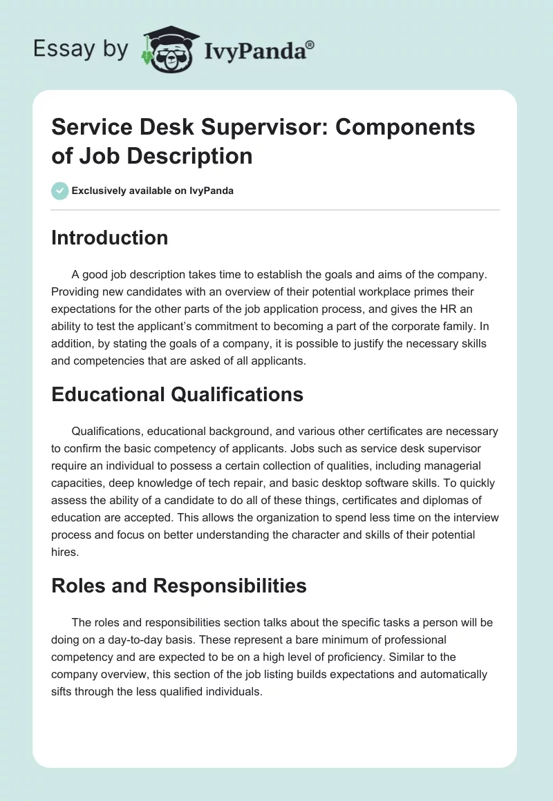 Service Desk Supervisor: Components of Job Description. Page 1