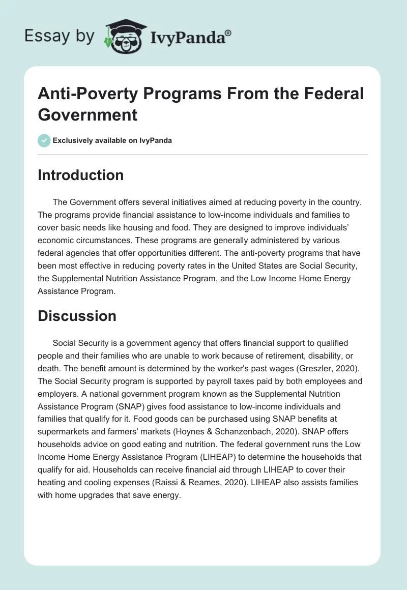 Anti-Poverty Programs From the Federal Government. Page 1