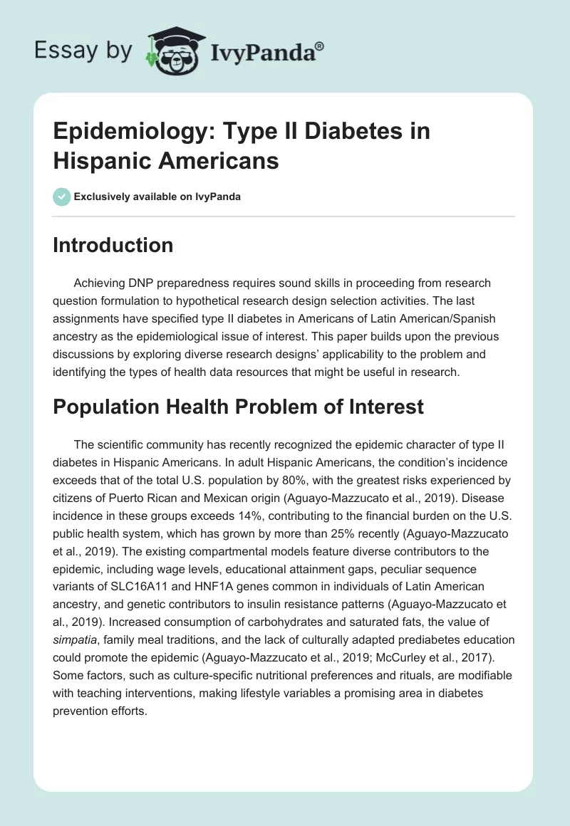 Epidemiology: Type II Diabetes in Hispanic Americans. Page 1