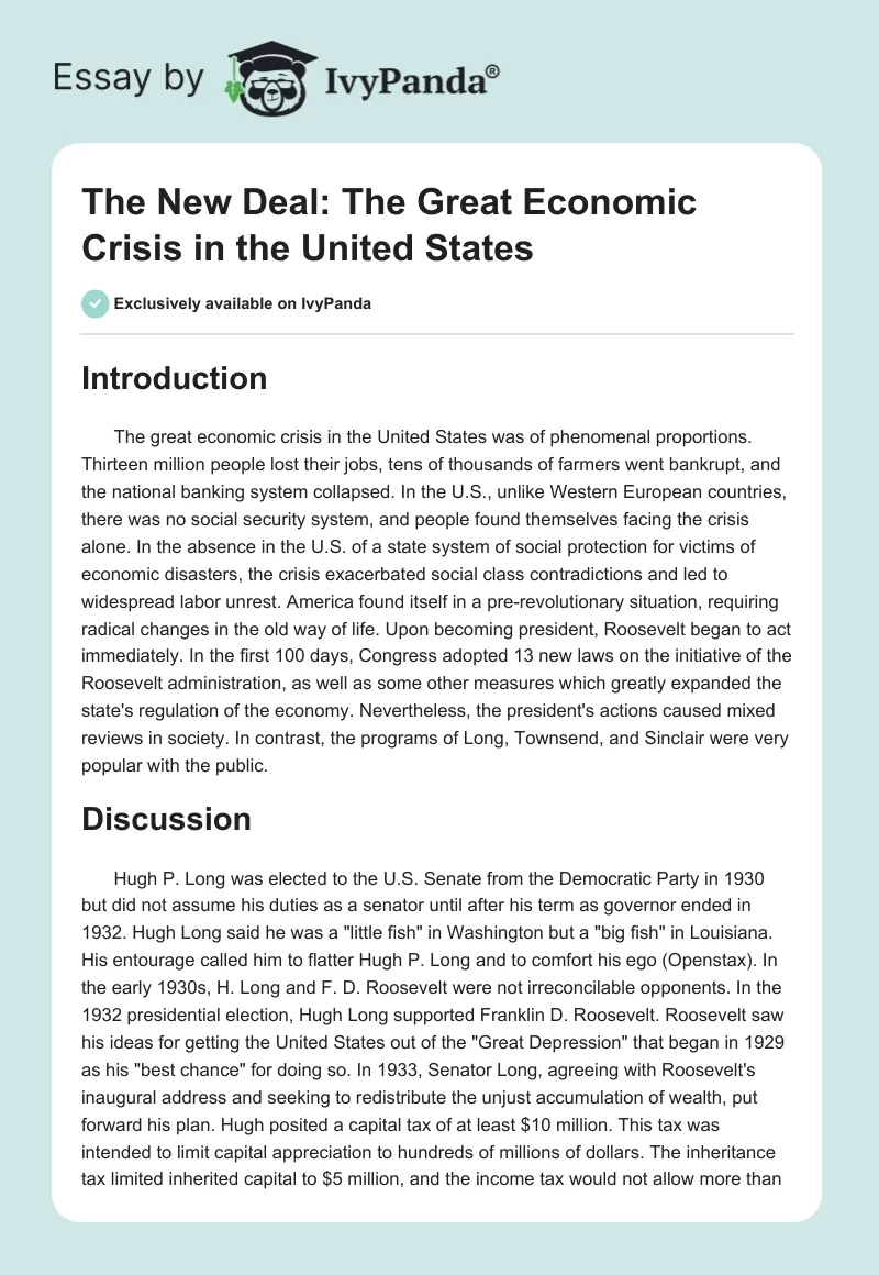 The New Deal: The Great Economic Crisis in the United States. Page 1