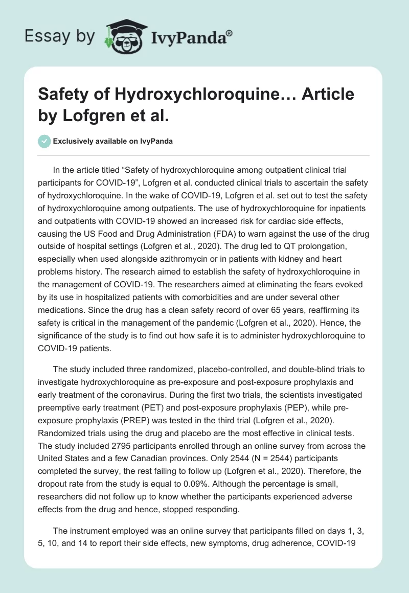"Safety of Hydroxychloroquine…" Article by Lofgren et al.. Page 1