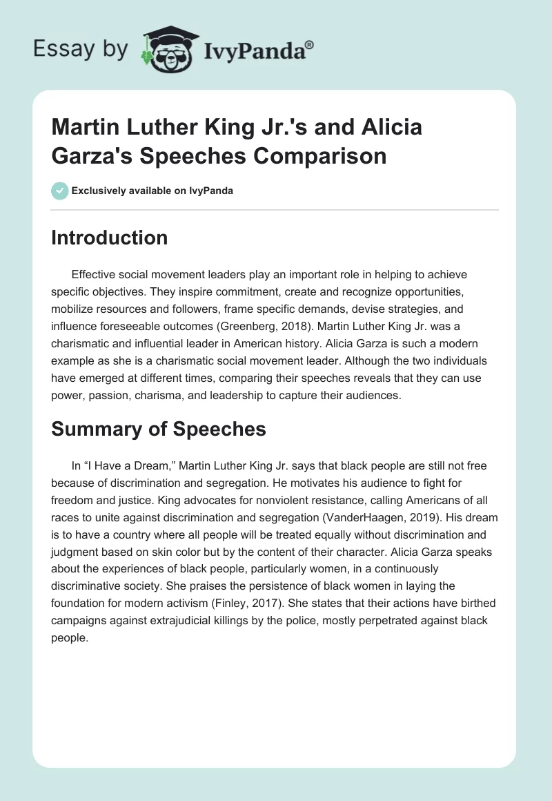 Martin Luther King Jr.'s and Alicia Garza's Speeches Comparison. Page 1