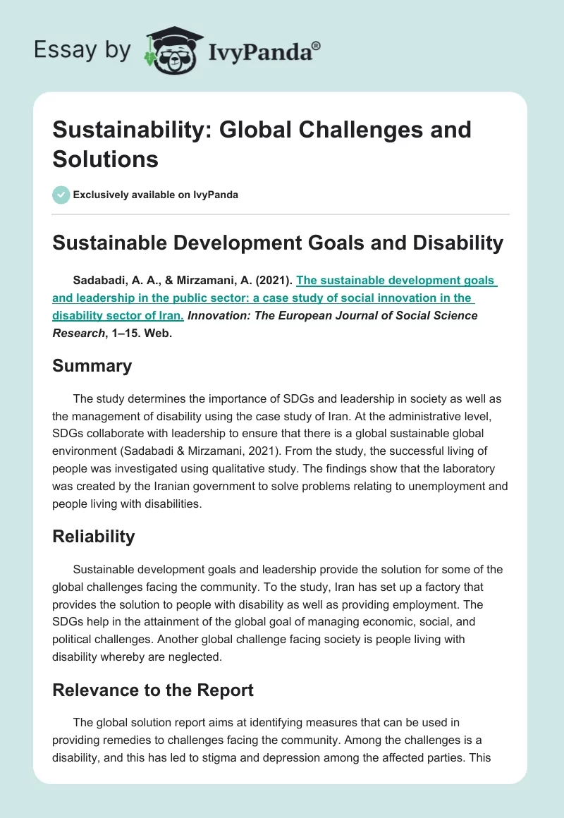 Sustainability: Global Challenges and Solutions. Page 1