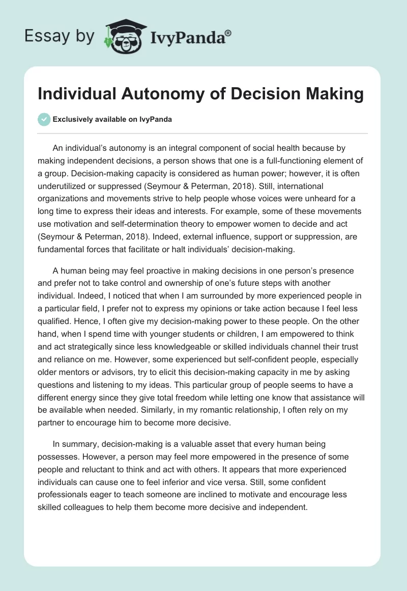 Individual Autonomy of Decision Making. Page 1