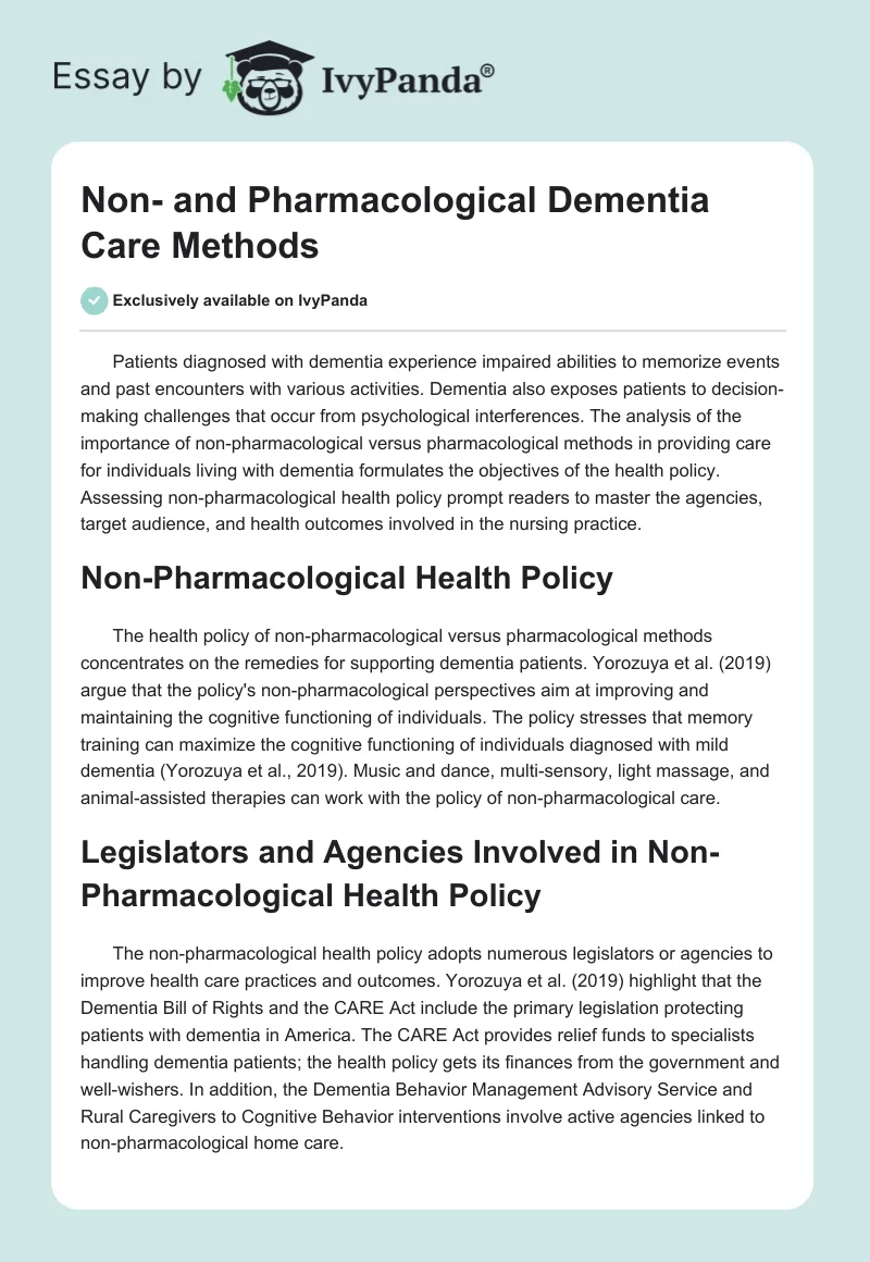 Non- and Pharmacological Dementia Care Methods. Page 1