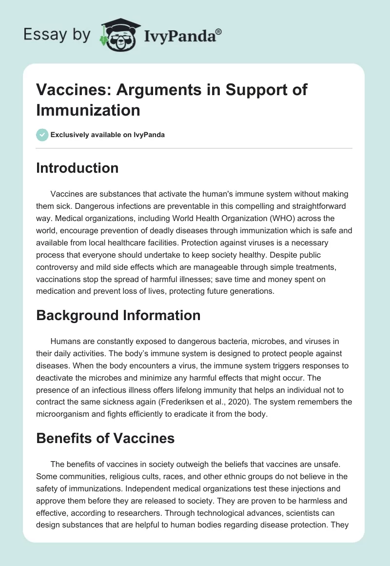Vaccines: Arguments in Support of Immunization. Page 1