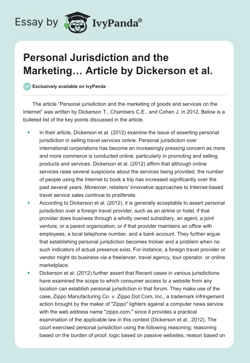 "Personal Jurisdiction and the Marketing…" Article by Dickerson et al.. Page 1