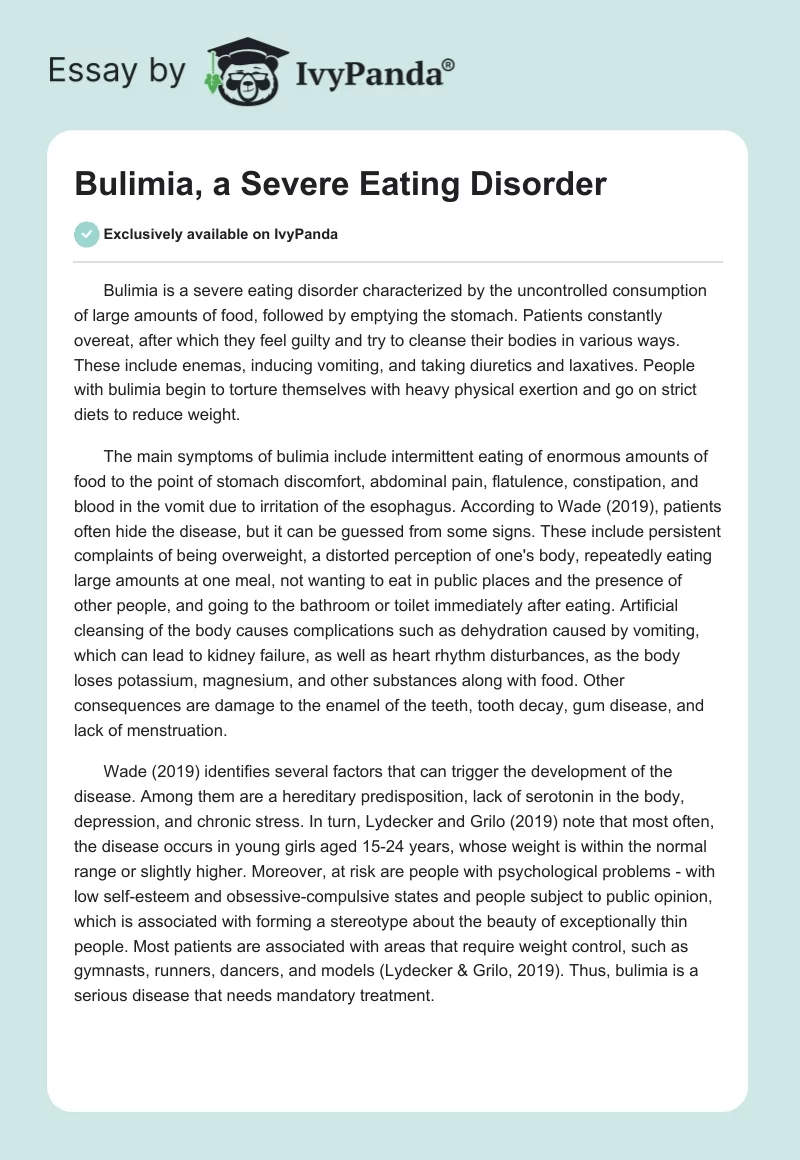 Bulimia: A Severe Eating Disorder. Page 1