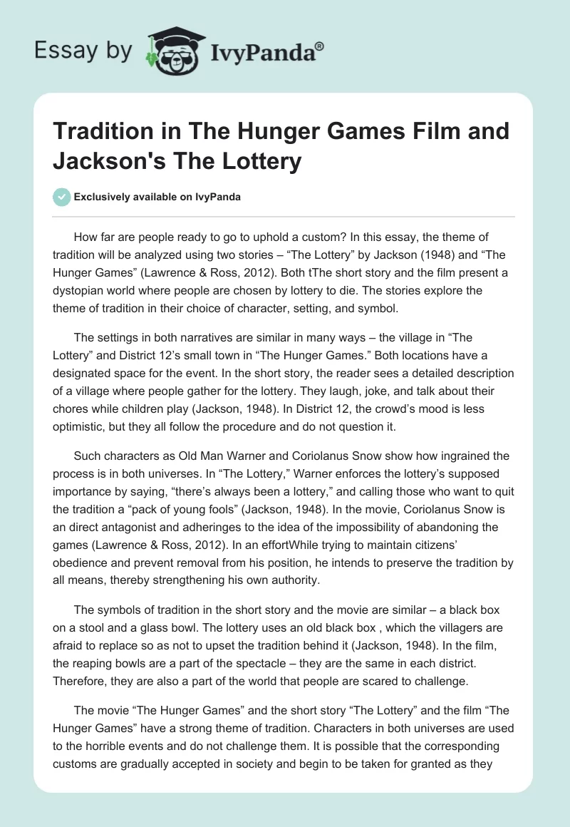 Tradition in "The Hunger Games" Film and Jackson's "The Lottery". Page 1