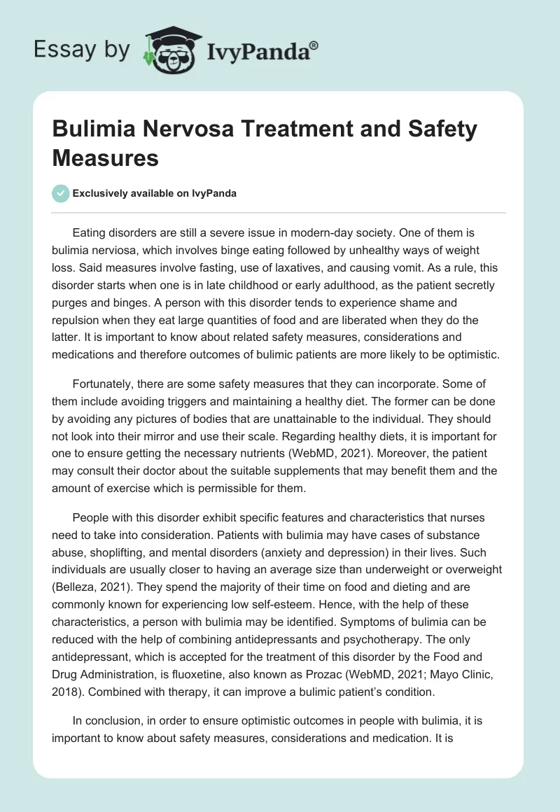 Bulimia Nervosa: Treatment and Safety Measures. Page 1