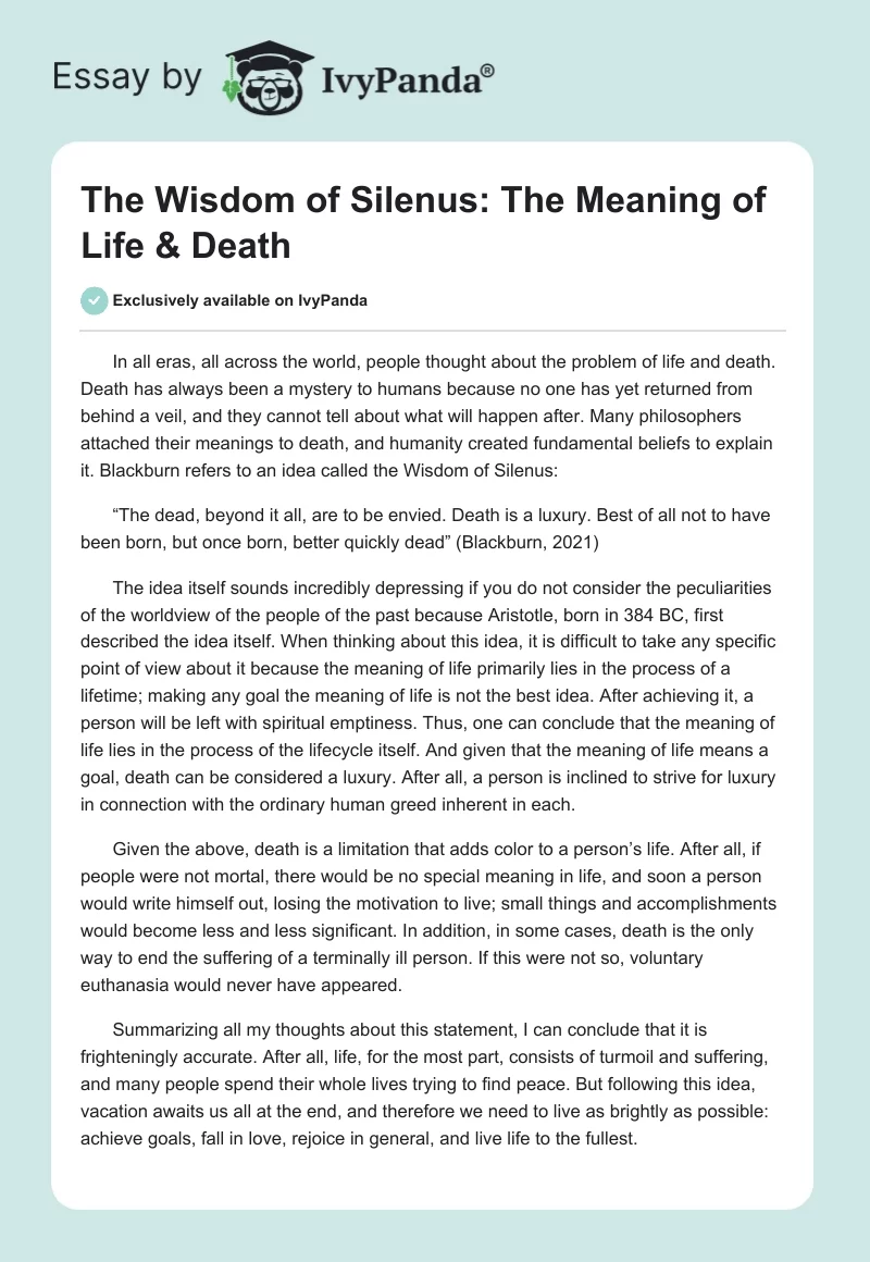 The Wisdom of Silenus: The Meaning of Life & Death. Page 1