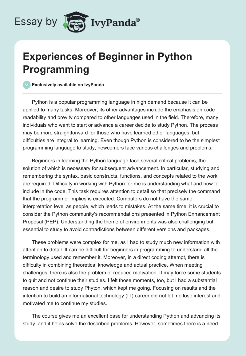 Experiences of Beginner in Python Programming. Page 1
