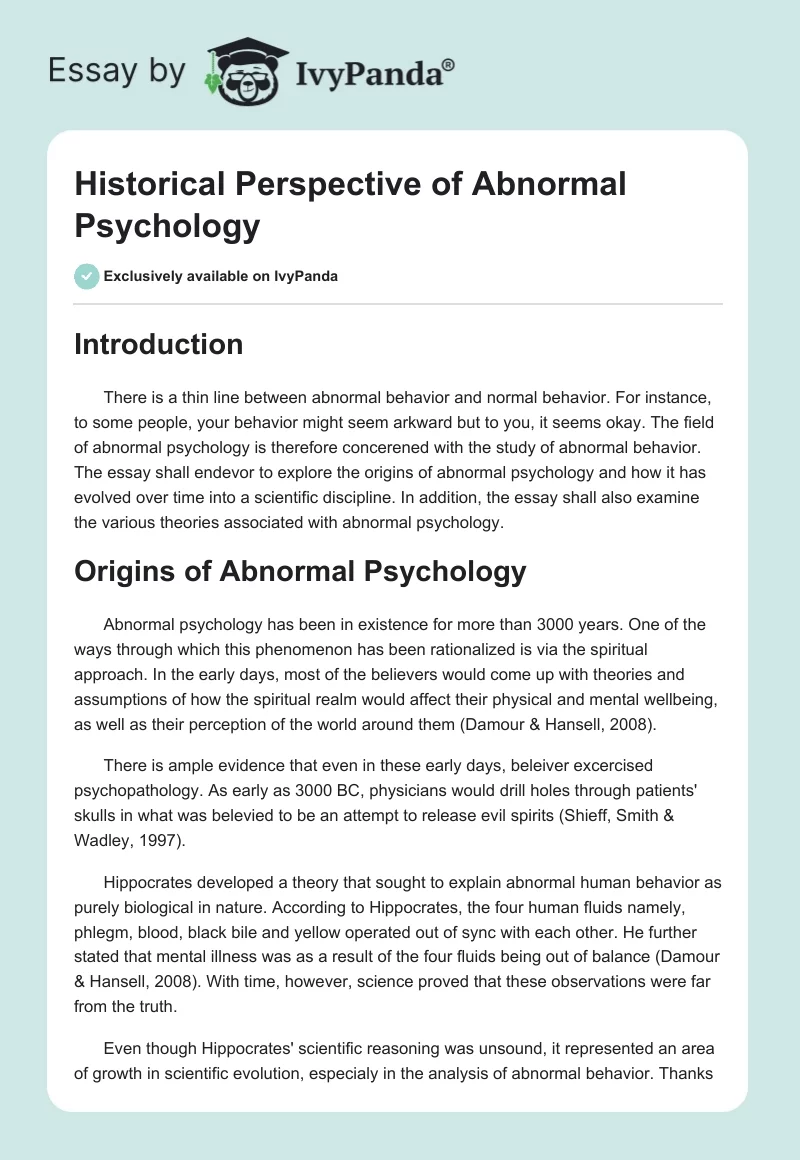 Historical Perspective of Abnormal Psychology. Page 1