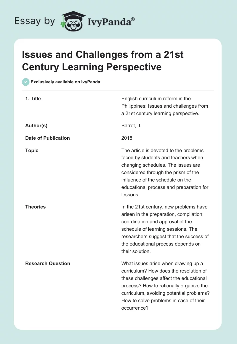 Issues and Challenges from a 21st Century Learning Perspective. Page 1