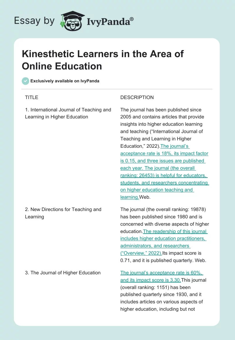 Kinesthetic Learners in the Area of Online Education. Page 1