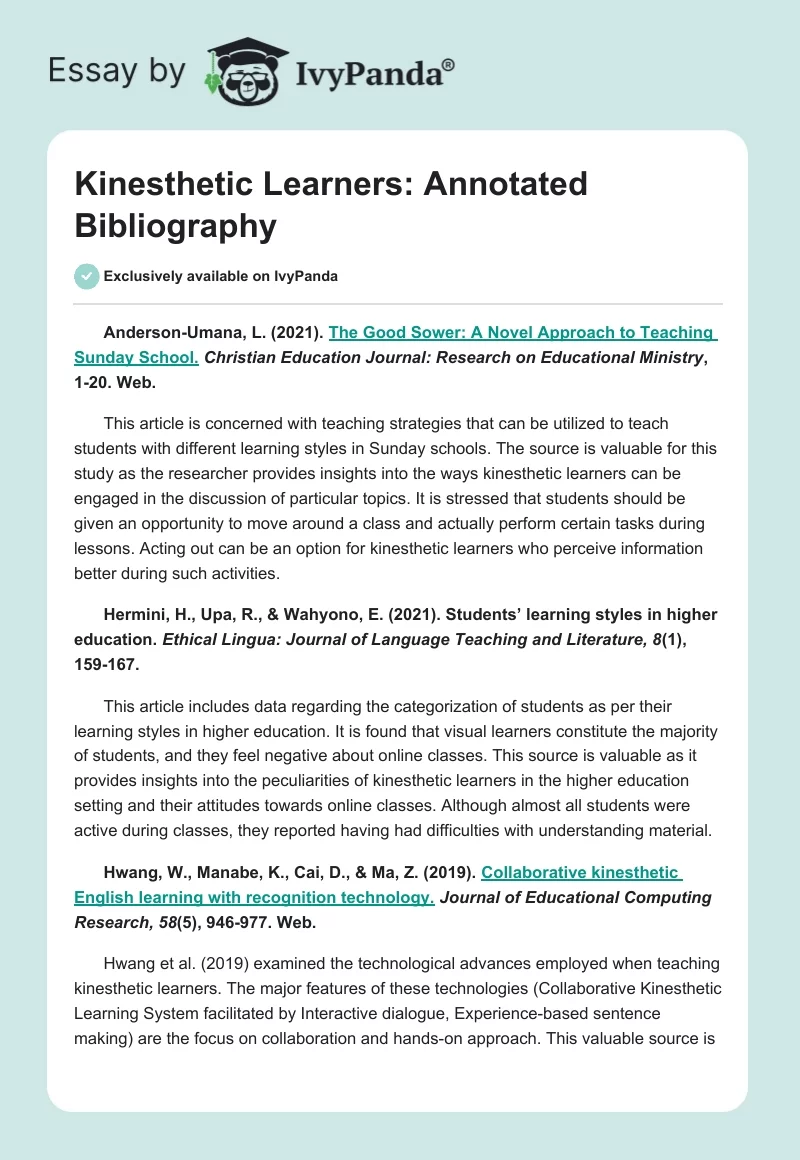Kinesthetic Learners: Annotated Bibliography. Page 1