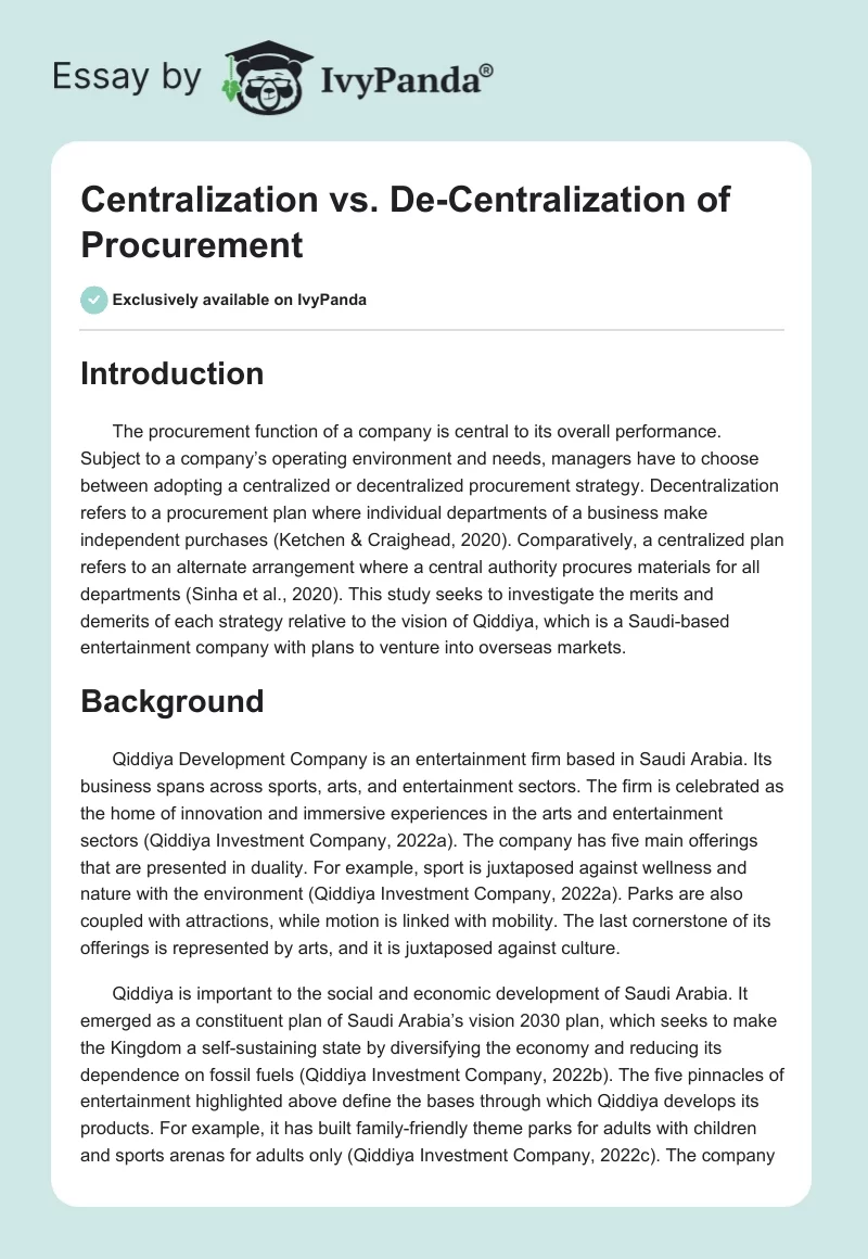 Centralization vs. De-Centralization of Procurement. Page 1