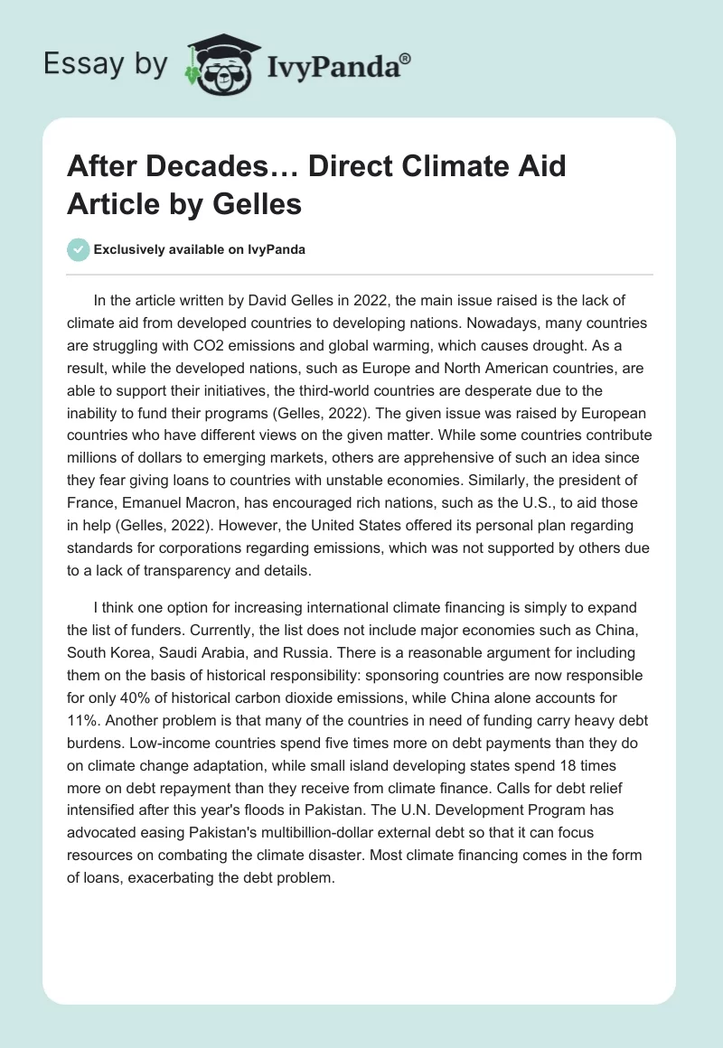"After Decades… Direct Climate Aid" Article by Gelles. Page 1
